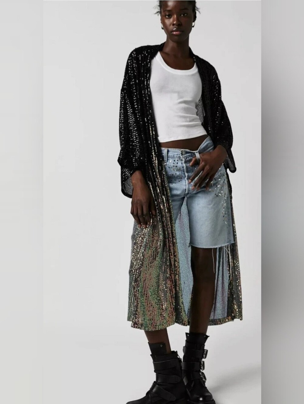 Free People Party On Black Iridescent Sequin High-Low Skirt
